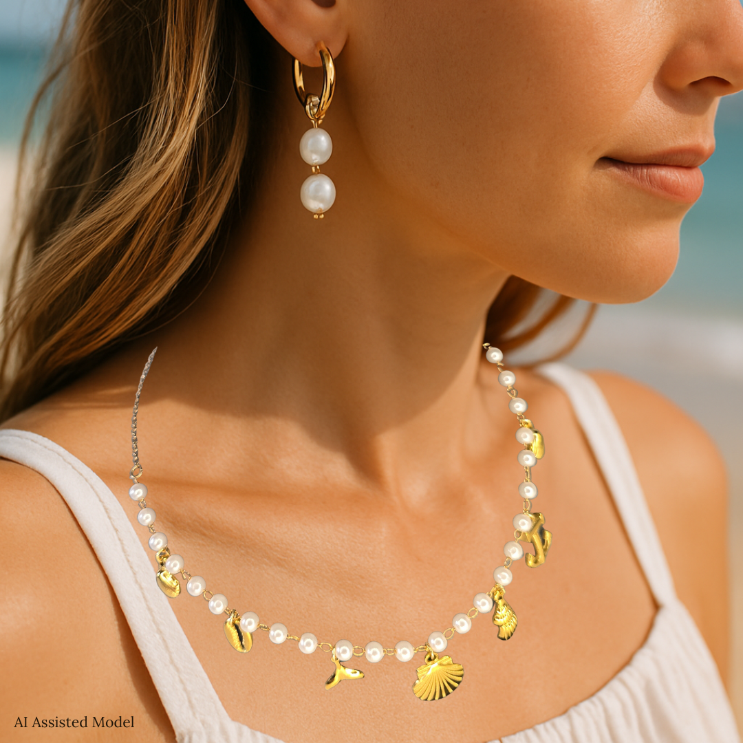 Seaside Whispers Necklace – Modern Pearls, Golden Charms, Summer Vibes