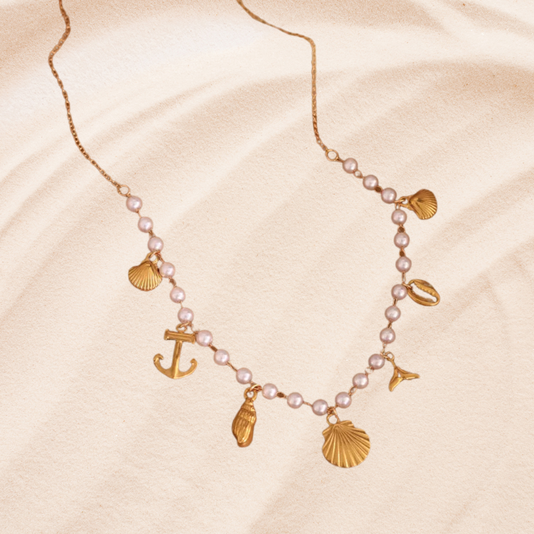 Seaside Whispers Necklace – Modern Pearls, Golden Charms, Summer Vibes