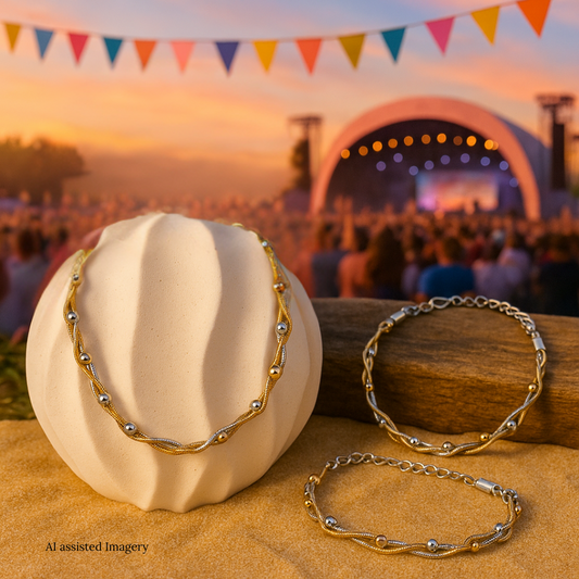 Braided & Beaded Mixed Metals Set – Necklace, Bracelet & Anklet Hypoallergenic