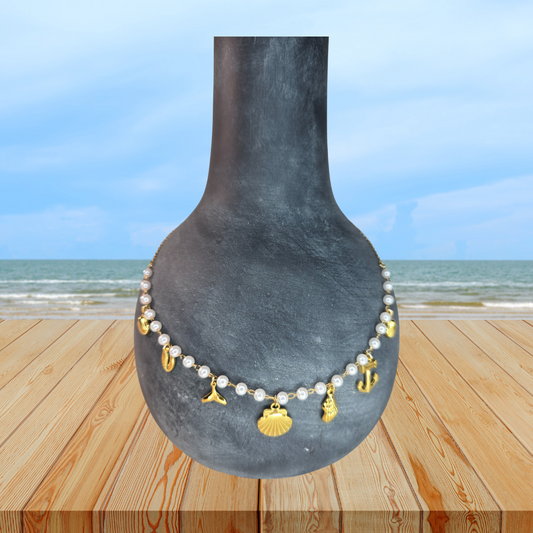 Seaside Whispers Necklace – Modern Pearls, Golden Charms, Summer Vibes