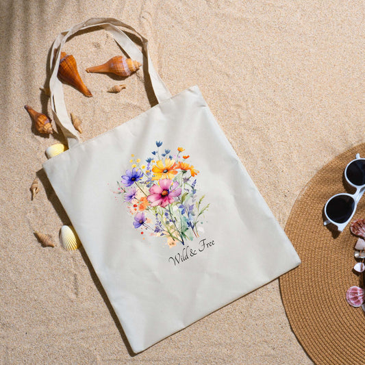 Personalized Wild & Free Floral Cotton Canvas Tote Bag